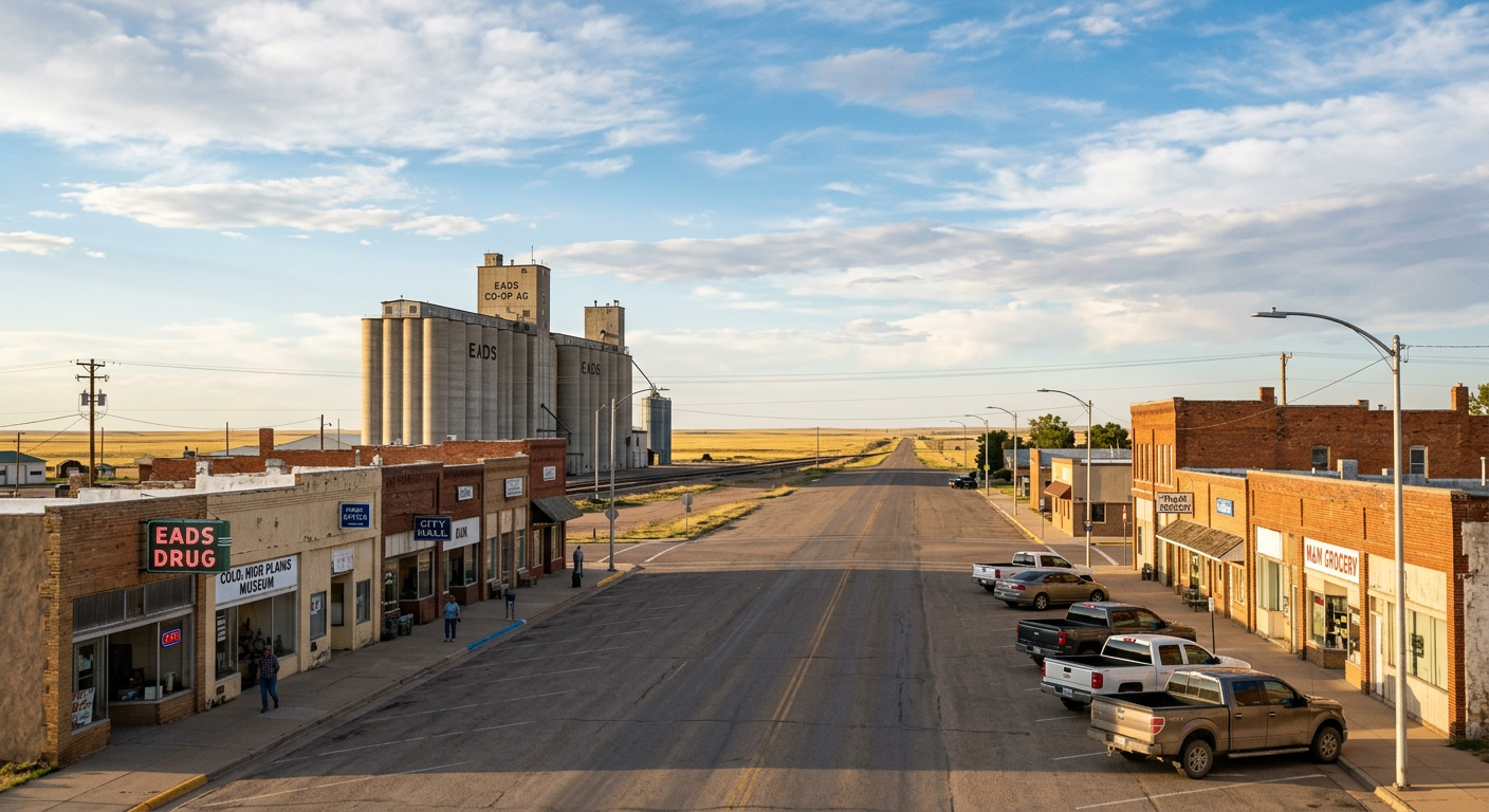 Main street in Eads, Colorado with brick storefronts and grain elevators under a wide prairie sky